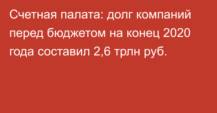 Счетная палата: долг компаний перед бюджетом на конец 2020 года составил 2,6 трлн руб.