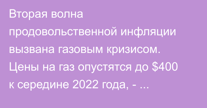 Вторая волна продовольственной инфляции вызвана газовым кризисом. Цены на газ опустятся до $400 к середине 2022 года, - первый вице-премьер РФ А.Белоусов