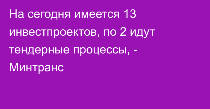 На сегодня имеется 13 инвестпроектов, по 2 идут тендерные процессы, - Минтранс