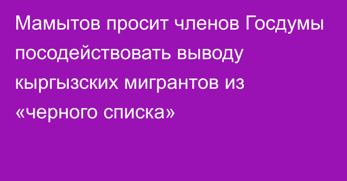 Мамытов просит членов Госдумы посодействовать выводу кыргызских мигрантов из «черного списка»