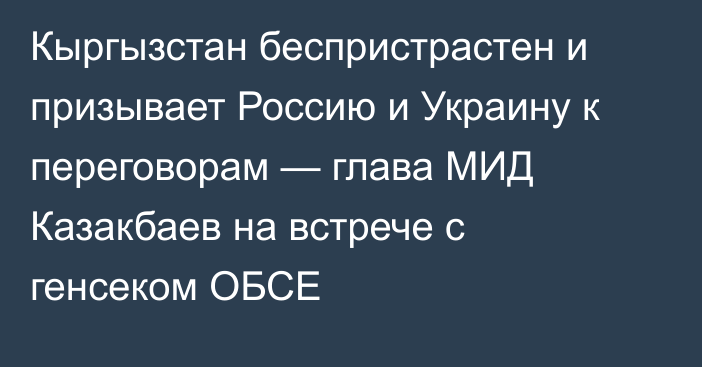 Кыргызстан беспристрастен и призывает Россию и Украину к переговорам — глава МИД Казакбаев на встрече с генсеком ОБСЕ