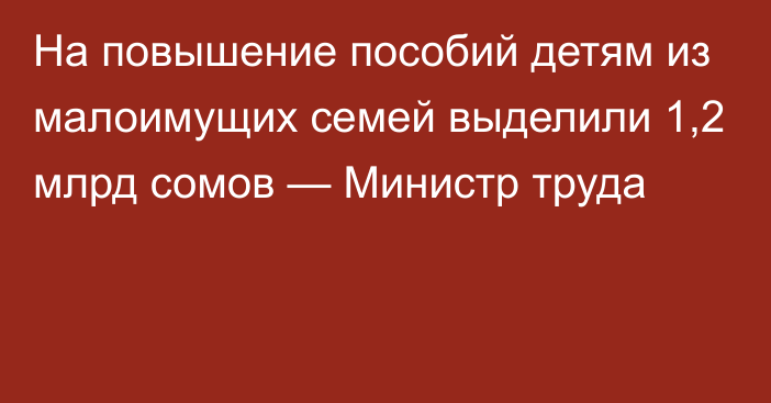 На повышение пособий детям из малоимущих семей выделили 1,2 млрд сомов — Министр труда