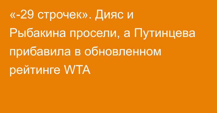 «-29 строчек». Дияс и Рыбакина просели, а Путинцева прибавила в обновленном рейтинге WTA