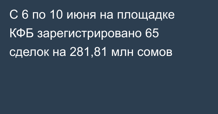 С 6 по 10 июня на площадке КФБ зарегистрировано 65 сделок на 281,81 млн сомов