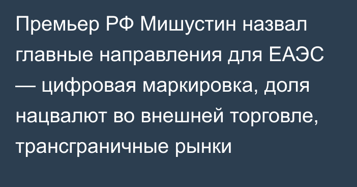 Премьер РФ Мишустин назвал главные направления для ЕАЭС — цифровая маркировка, доля нацвалют во внешней торговле, трансграничные рынки