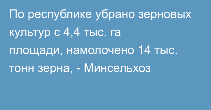 По республике убрано зерновых культур с 4,4 тыс. га площади, намолочено 14 тыс. тонн зерна, - Минсельхоз