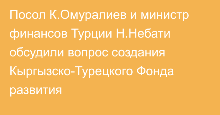 Посол К.Омуралиев и министр финансов Турции Н.Небати обсудили вопрос создания Кыргызско-Турецкого Фонда развития