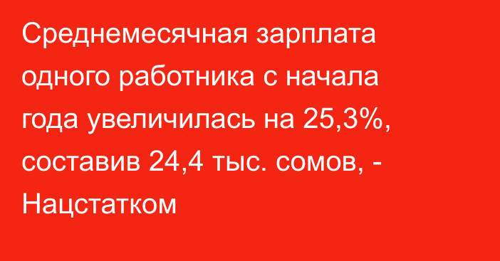 Среднемесячная зарплата одного работника с начала года увеличилась на 25,3%, составив 24,4 тыс. сомов, - Нацстатком