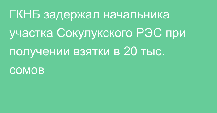 ГКНБ задержал начальника участка Сокулукского РЭС при получении взятки в 20 тыс. сомов