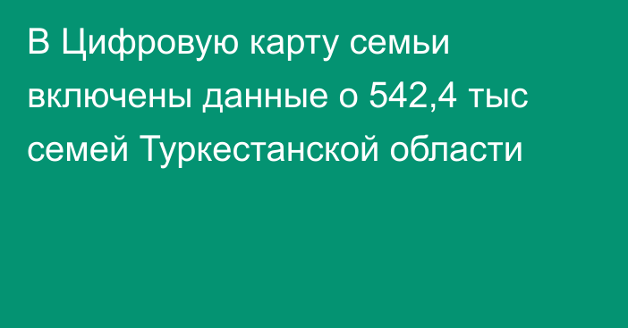 В Цифровую карту семьи включены данные о 542,4 тыс семей Туркестанской области