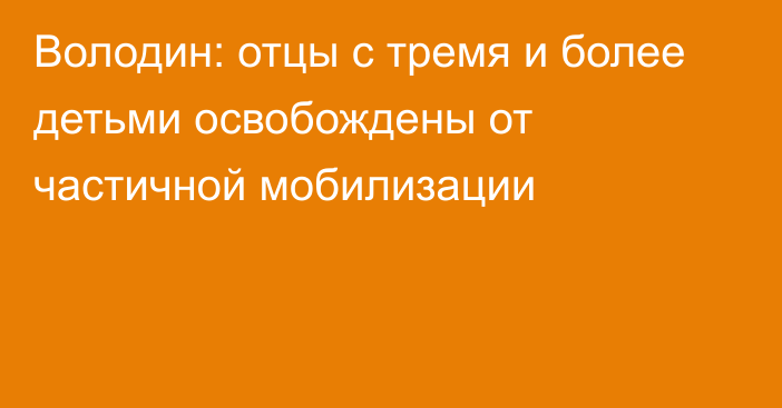 Володин: отцы с тремя и более детьми освобождены от частичной мобилизации