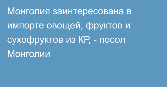 Монголия заинтересована в импорте овощей, фруктов и сухофруктов из КР, - посол Монголии