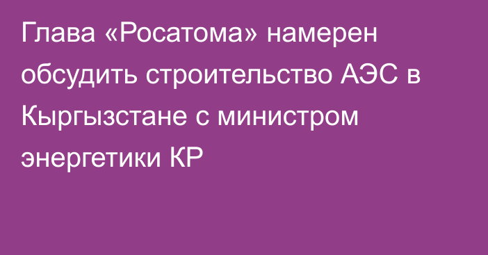 Глава «Росатома» намерен обсудить строительство АЭС в Кыргызстане с министром энергетики КР