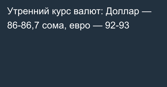 Утренний курс валют: Доллар — 86-86,7 сома, евро — 92-93