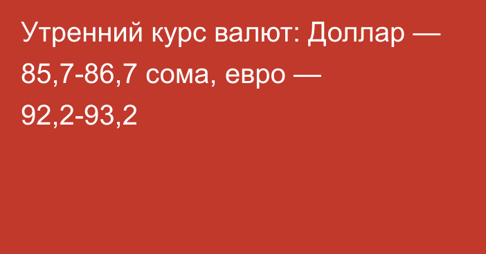 Утренний курс валют: Доллар — 85,7-86,7 сома, евро — 92,2-93,2