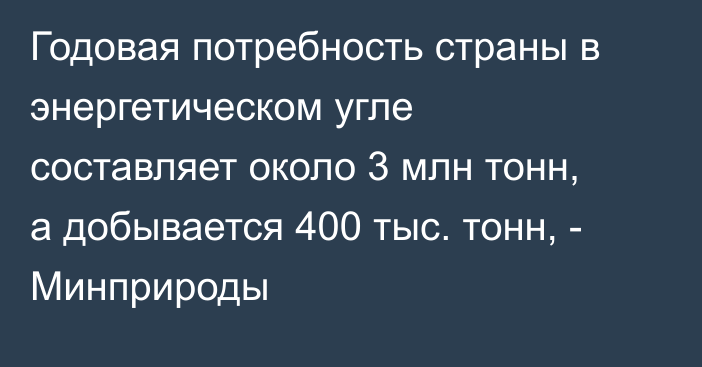 Годовая потребность страны в энергетическом угле составляет около 3 млн тонн, а добывается 400 тыс. тонн, - Минприроды