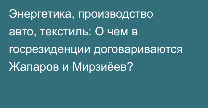 Энергетика, производство авто, текстиль: О чем в госрезиденции договариваются Жапаров и Мирзиёев?