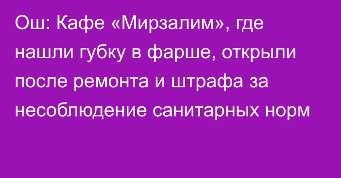 Ош: Кафе «Мирзалим», где нашли губку в фарше, открыли после ремонта и штрафа за несоблюдение санитарных норм