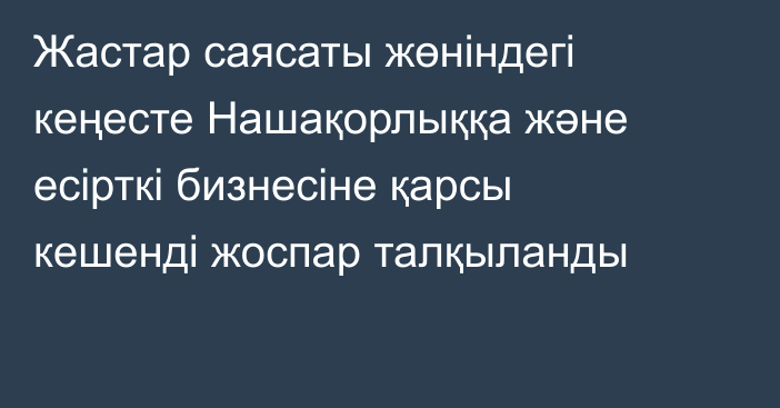 Жастар саясаты жөніндегі кеңесте Нашақорлыққа және есірткі бизнесіне қарсы кешенді жоспар талқыланды