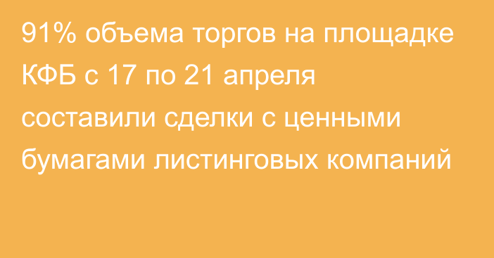 91% объема торгов на площадке КФБ с 17 по 21 апреля составили сделки с ценными бумагами листинговых компаний