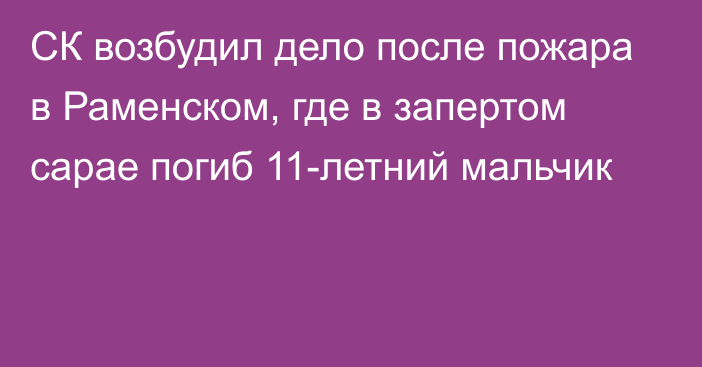 СК возбудил дело после пожара в Раменском, где в запертом сарае погиб 11-летний мальчик