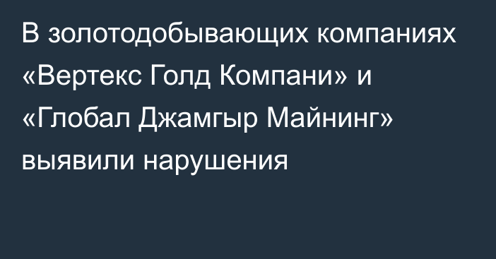 В золотодобывающих компаниях «Вертекс Голд Компани» и «Глобал Джамгыр Майнинг» выявили нарушения