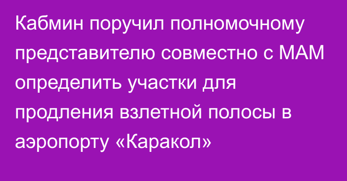 Кабмин поручил полномочному представителю совместно с МАМ определить участки для продления взлетной полосы  в аэропорту «Каракол»