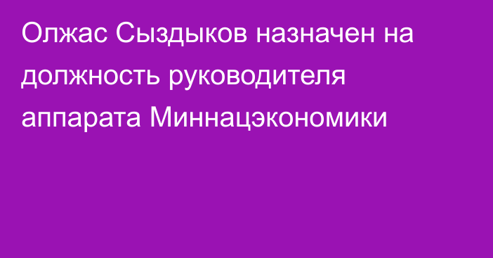 Олжас Сыздыков назначен на должность руководителя аппарата Миннацэкономики