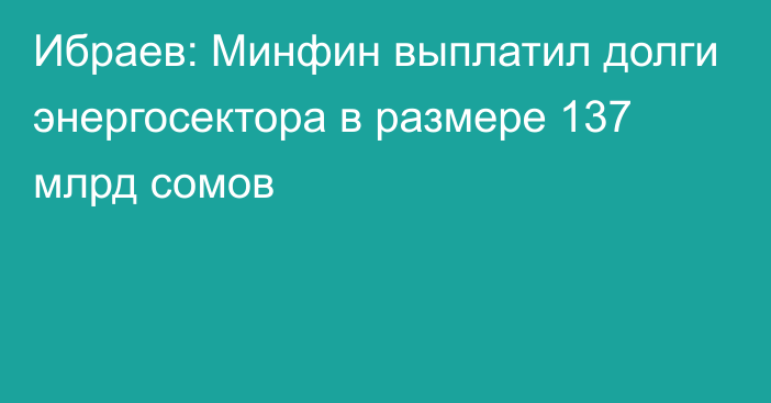 Ибраев: Минфин выплатил долги энергосектора в размере 137 млрд сомов