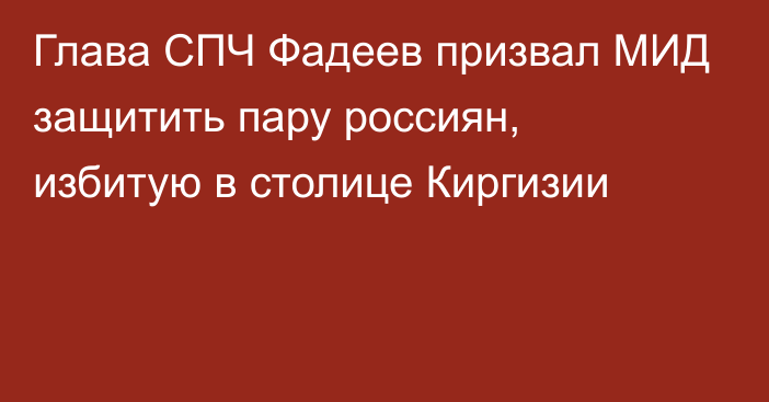 Глава СПЧ Фадеев призвал МИД защитить пару россиян, избитую в столице Киргизии