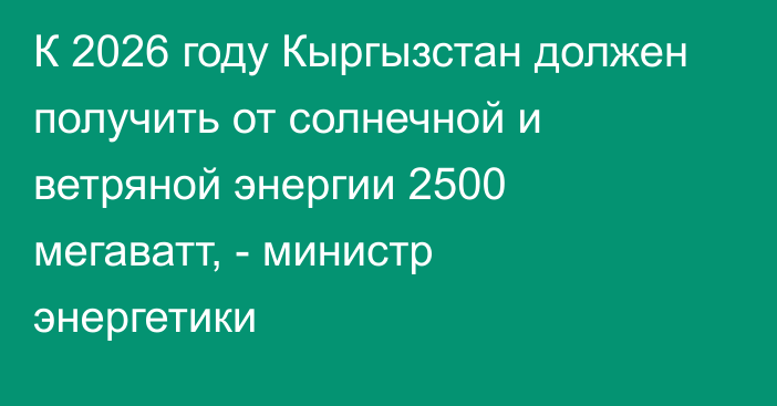 К 2026 году Кыргызстан должен получить от солнечной и ветряной энергии 2500 мегаватт, -  министр энергетики