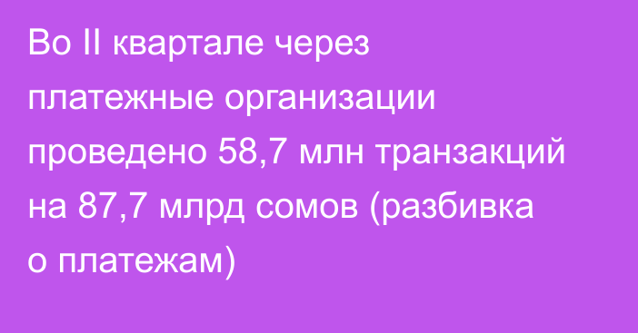 Во II квартале через платежные организации проведено 58,7 млн транзакций на 87,7 млрд сомов (разбивка о платежам)