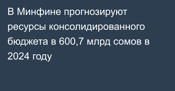 В Минфине прогнозируют ресурсы консолидированного бюджета в 600,7 млрд сомов в 2024 году