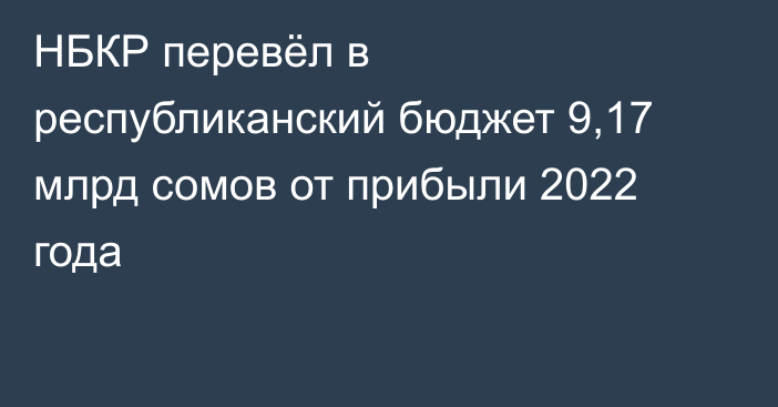 НБКР перевёл в республиканский бюджет 9,17 млрд сомов от прибыли 2022 года