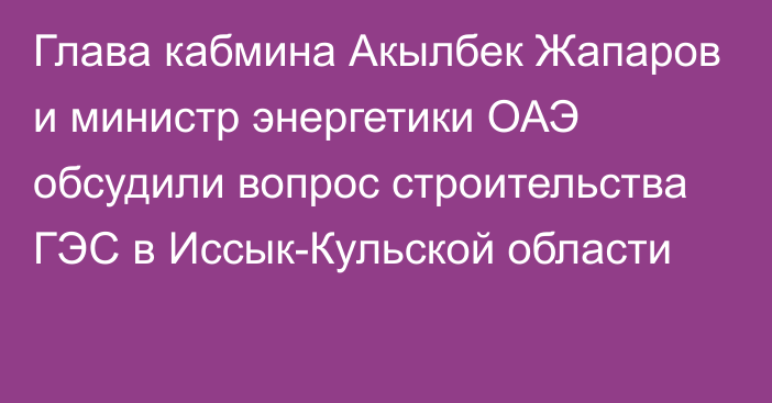 Глава кабмина Акылбек Жапаров и министр энергетики ОАЭ обсудили вопрос строительства ГЭС в Иссык-Кульской области