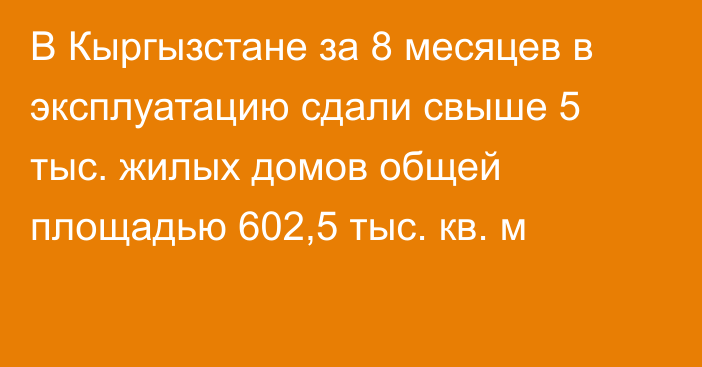 В Кыргызстане за 8 месяцев в эксплуатацию сдали свыше 5 тыс. жилых домов общей площадью 602,5 тыс. кв. м