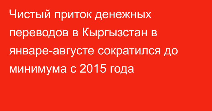 Чистый приток денежных переводов в Кыргызстан в январе-августе сократился до минимума с 2015 года