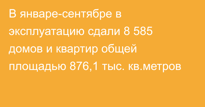 В январе-сентябре в эксплуатацию сдали 8 585 домов и квартир общей площадью 876,1 тыс. кв.метров