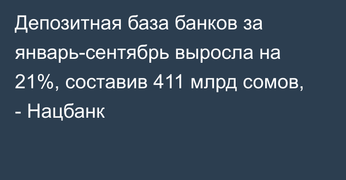 Депозитная база банков за январь-сентябрь выросла на 21%, составив 411 млрд сомов, - Нацбанк