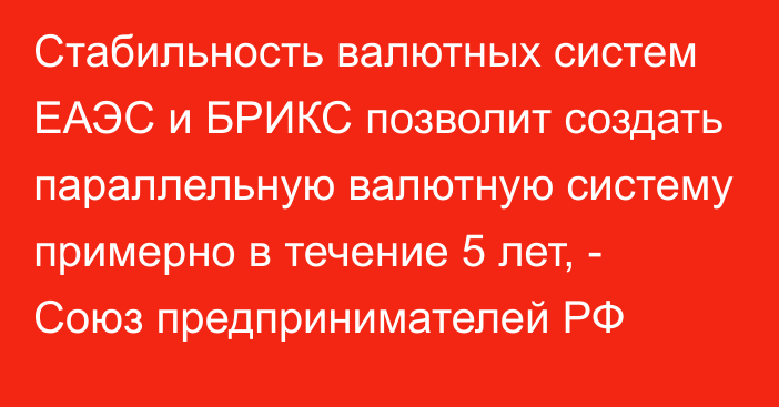 Стабильность валютных систем ЕАЭС и БРИКС позволит создать параллельную валютную систему примерно в течение 5 лет, - Союз предпринимателей РФ