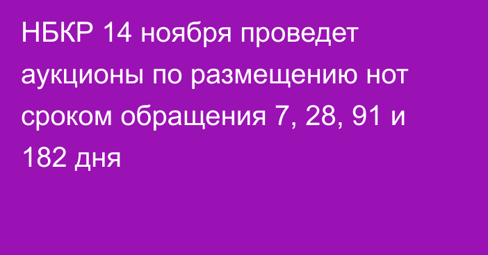 НБКР 14 ноября проведет аукционы по размещению нот сроком обращения 7, 28, 91 и 182 дня