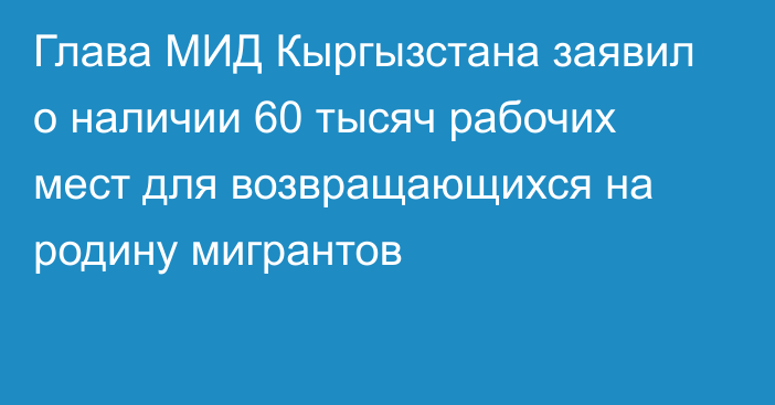 Глава МИД Кыргызстана заявил о наличии 60 тысяч рабочих мест для возвращающихся на родину мигрантов