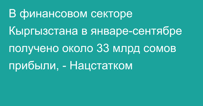 В финансовом секторе Кыргызстана в январе-сентябре получено около 33 млрд сомов прибыли, - Нацстатком