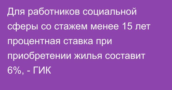 Для работников социальной сферы со стажем менее 15 лет процентная ставка при приобретении жилья составит 6%, - ГИК