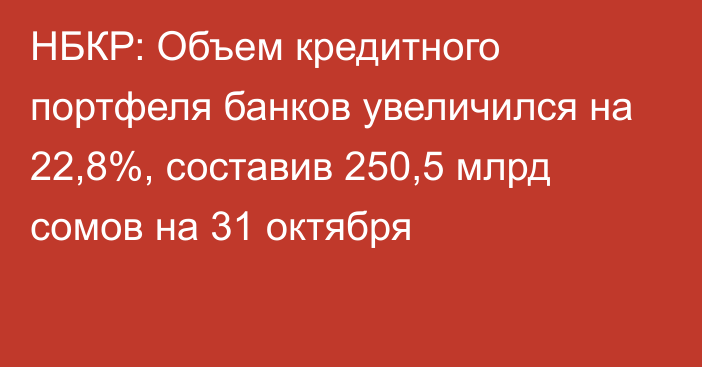 НБКР: Объем кредитного портфеля банков увеличился на 22,8%, составив 250,5 млрд сомов на 31 октября