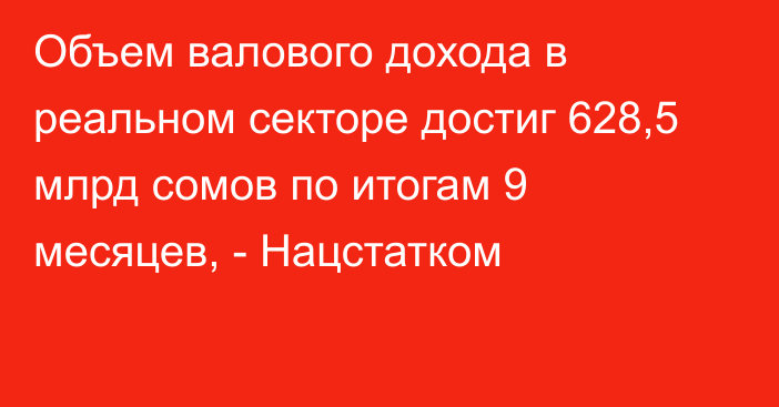 Объем валового дохода в реальном секторе достиг 628,5 млрд сомов по итогам 9 месяцев, - Нацстатком