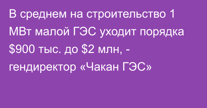 В среднем на строительство 1 МВт малой ГЭС уходит порядка $900 тыс. до $2 млн, - гендиректор «Чакан ГЭС»