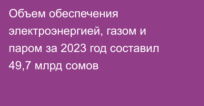 Объем обеспечения электроэнергией, газом и паром за 2023 год составил 49,7 млрд сомов