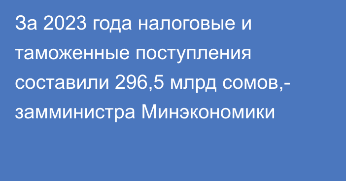 За 2023 года налоговые и таможенные поступления составили 296,5 млрд сомов,- замминистра Минэкономики