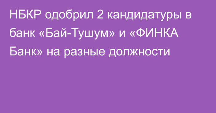 НБКР одобрил 2 кандидатуры в банк «Бай-Тушум» и «ФИНКА Банк» на разные должности